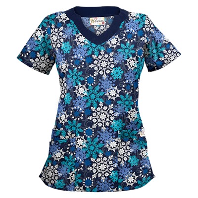 UA Festive Snowflakes Navy Print Scrub Top