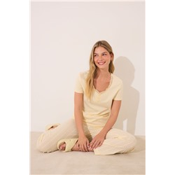 Pijama largo manga corta algodón amarillo rayas