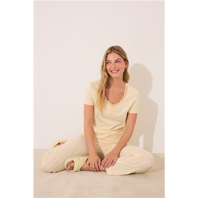 Pijama largo manga corta algodón amarillo rayas
