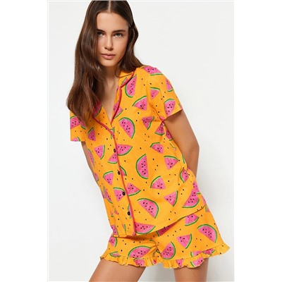 TRENDYOLMİLLA Açık Turuncu Karpuz Desenli Fırfırlı Pamuklu Gömlek-Şort Örme Pijama Takımı THMSS21PT0670