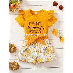 Kleinkind Mädchen Buchstaben Grafik, Rüschenbesatz, T-Shirt mit & Blume Muster, Shorts mit Gürtel,