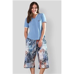 Doreanse Kadın Mavi Leopar Desenli Kapri T-shirt Pijama Takımı 4000