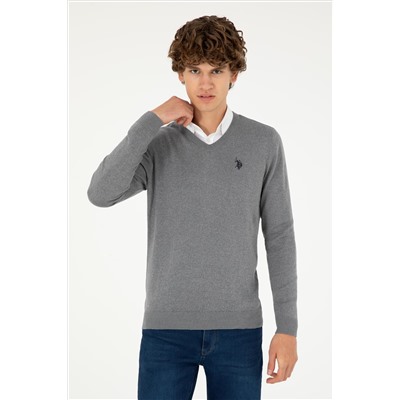 Erkek Slim Fit V Yaka Gri Melanj Basic Kazak