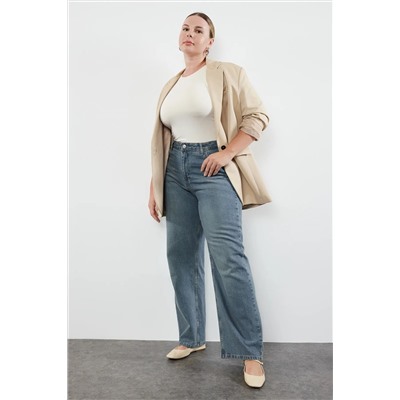 Mavi Yüksek Bel Soluk Efekt Vintage Yıkama Geniş Paça Büyük Beden Wide Leg Jeans TBBSS24CJ00042