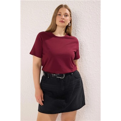 Bordo Regular Fit Basic Bisiklet Yaka %100 Pamuk Örme Büyük Beden T-Shirt TBBSS22TS0733