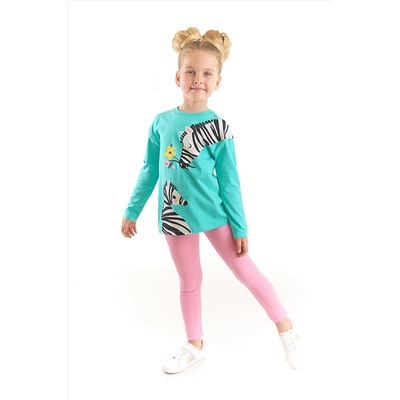 Denokids Çiçekli Zebra Kız Çocuk Turkuaz T-shirt Pembe Tayt Takım CFF-22S1-043