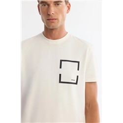 Ekru Bisiklet Yaka Baskılı Elastan T-Shirt