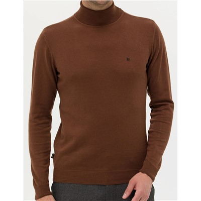 Kahverengi Slim Fit Balıkçı Yaka Basic Triko Kazak