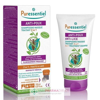 Puressentiel Anti-Poux Shampooing Masque Traitant 2en1 150 ml + Peigne Inclus