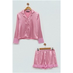 for you sleepwear 2'li Saten Plise Detaylı Pembe Pijama Şort Takım S27345