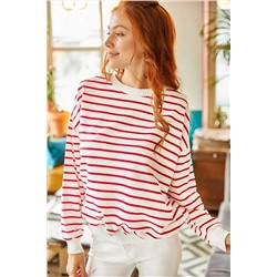 Olalook, Kadın Beyaz Bordo Çizgili Basic Yumuşak Dokulu Salaş Sweatshirt SWT-19000457 Размеры XL