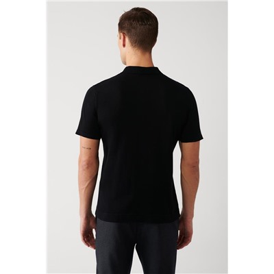 Siyah Pamuklu Polo Yaka Regular Fit Standart Kesim İnce Triko T-Shirt