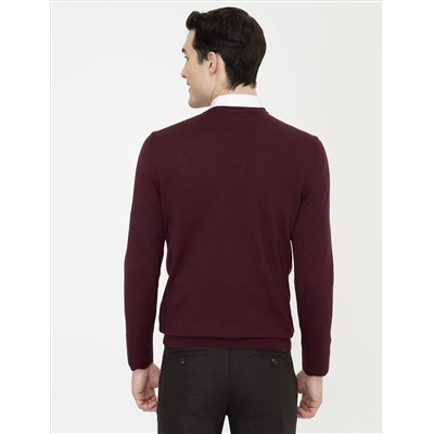 Bordo Slim Fit V Yaka Basic Triko Kazak