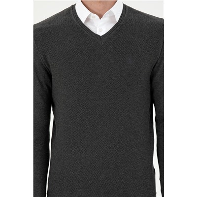 Erkek Slim Fit V Yaka Antrasit Melanj Basic Kazak