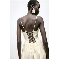 BEADED STRAPPY LINEN BLEND MIDI DRESS