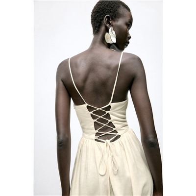 BEADED STRAPPY LINEN BLEND MIDI DRESS