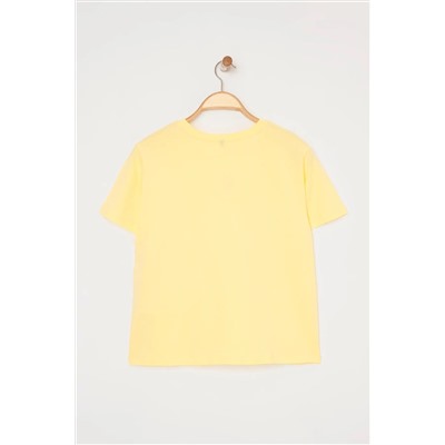 Sarı Bisiklet Yaka Nakışlı Crop Örme Büyük beden T-shirt TBBSS25BF00015