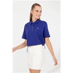 Kadın Mavi Polo Yaka Crop Tişört