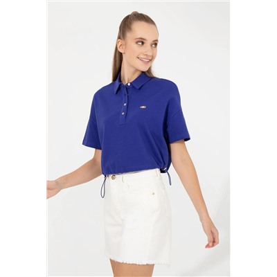 Kadın Mavi Polo Yaka Crop Tişört