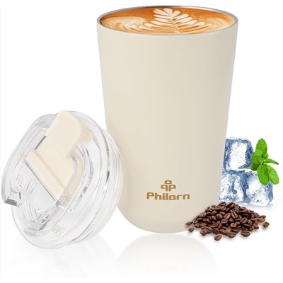 PHILORN Pink Coffee Tumbler - 12 OZ Insulated Coffee Mug with Lid, Leak Proof Thermo Cup for Hot and Iced Drinks, Stainless Steel Vacuum Pink Cup with Double Wall