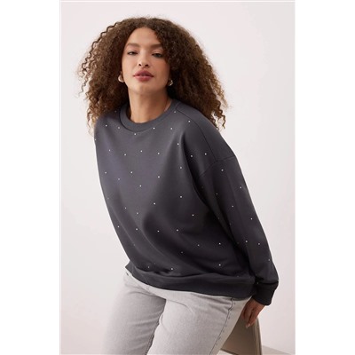 Antrasit Kalın Taşlı Detaylı Örme Sweatshirt Büyük Beden Sweatshirt TBBAW24SW00000