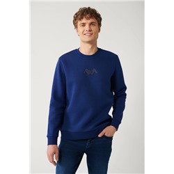 Avva Erkek Saks Bisiklet Yaka 3 İplik Şardonlu Flok Baskılı Standart Fit Normal Kesim Sweatshirt A32Y1273