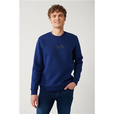Avva Erkek Saks Bisiklet Yaka 3 İplik Şardonlu Flok Baskılı Standart Fit Normal Kesim Sweatshirt A32Y1273