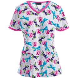 Cherokee Scrubs Flying Hearts V-Neck Print Top