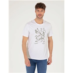 Beyaz Slim Fit Baskılı Bisiklet Yaka Tişört