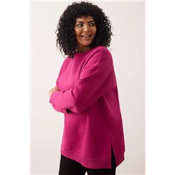 Fuşya Kalın İçi Polarlı Yırtmaçlı Oversize/Bol Kesim Örme Büyük Beden Sweatshirt TBBAW24AO00003