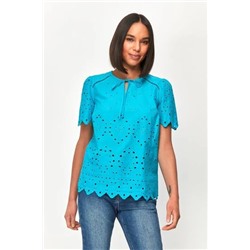 M&co Kurzärmeliges Top mit Lochstickerei, Blau