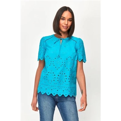 M&co Kurzärmeliges Top mit Lochstickerei, Blau