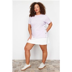 Lila Çıt Çıt Detaylı %100 Pamuk Büyük Beden Örme T-shirt TBBSS24BF00000