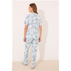 Pijama largo camisero 100% algodón flores verdes