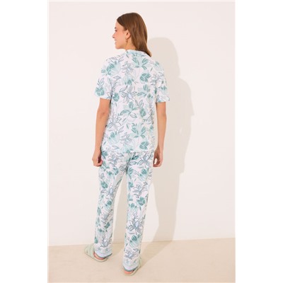 Pijama largo camisero 100% algodón flores verdes