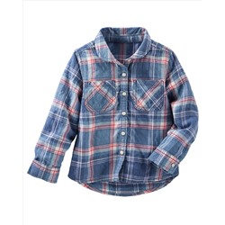 Crinkle Plaid Button-Front Top