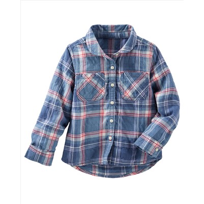 Crinkle Plaid Button-Front Top
