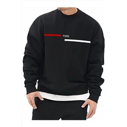 DUBU BUTİKUnisex Oversize Paris Çizgi Baskı Bisiklet Yaka Siyah Sweatshirt