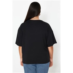 Siyah Kalp Aksesuar Detaylı Oversize %100 Pamuk Örme T-shirt TBBSS24BF00008