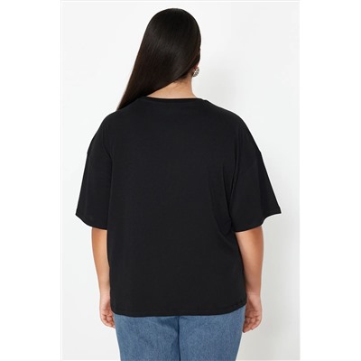 Siyah Kalp Aksesuar Detaylı Oversize %100 Pamuk Örme T-shirt TBBSS24BF00008
