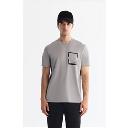 Gri Bisiklet Yaka Baskılı Elastan T-Shirt