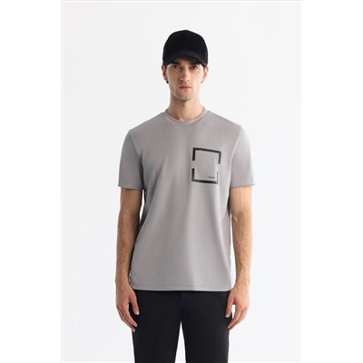 Gri Bisiklet Yaka Baskılı Elastan T-Shirt