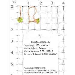 Серьги из золочёного серебра с фианитами 925 пробы 166з хризолит