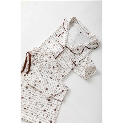 Kahverengi Baykuş Desenli Biyeli Gömlek Yaka Dokulu Örme Pijama Takımı TBBAW26AI00039