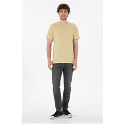 Erkek Regular Fit Bisiklet Yaka Açık Haki Basic Tişört