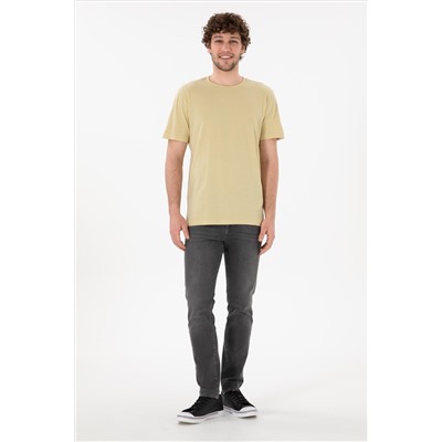 Erkek Regular Fit Bisiklet Yaka Açık Haki Basic Tişört