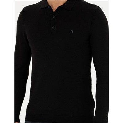 Siyah Slim Fit Polo Yaka Basic Triko Kazak