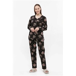ANGELİNA Kadın Siyah Kışlık Pamuk Ribana Kalın Uzunkollu Dantel Yakalı Pijama Takımı 6075 46246221