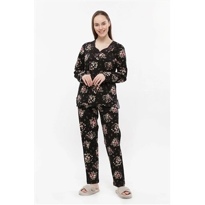 ANGELİNA Kadın Siyah Kışlık Pamuk Ribana Kalın Uzunkollu Dantel Yakalı Pijama Takımı 6075 46246221
