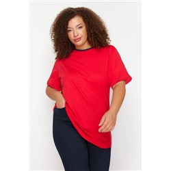 Kırmızı Renk Blok Detaylı Boyfriend %100 Pamuk Örme T-shirt TBBSS24BF00012